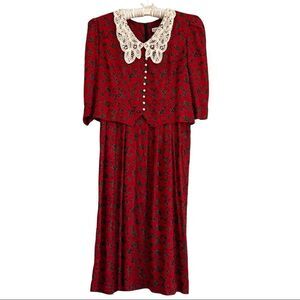 Vintage 80’s Miss Dorby Floral Cottagecore Midi Dress Lace Collar Red + Black